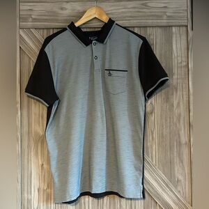 Original Penguin Men's Golf Polo in Colour blocked Black and Gray -size large